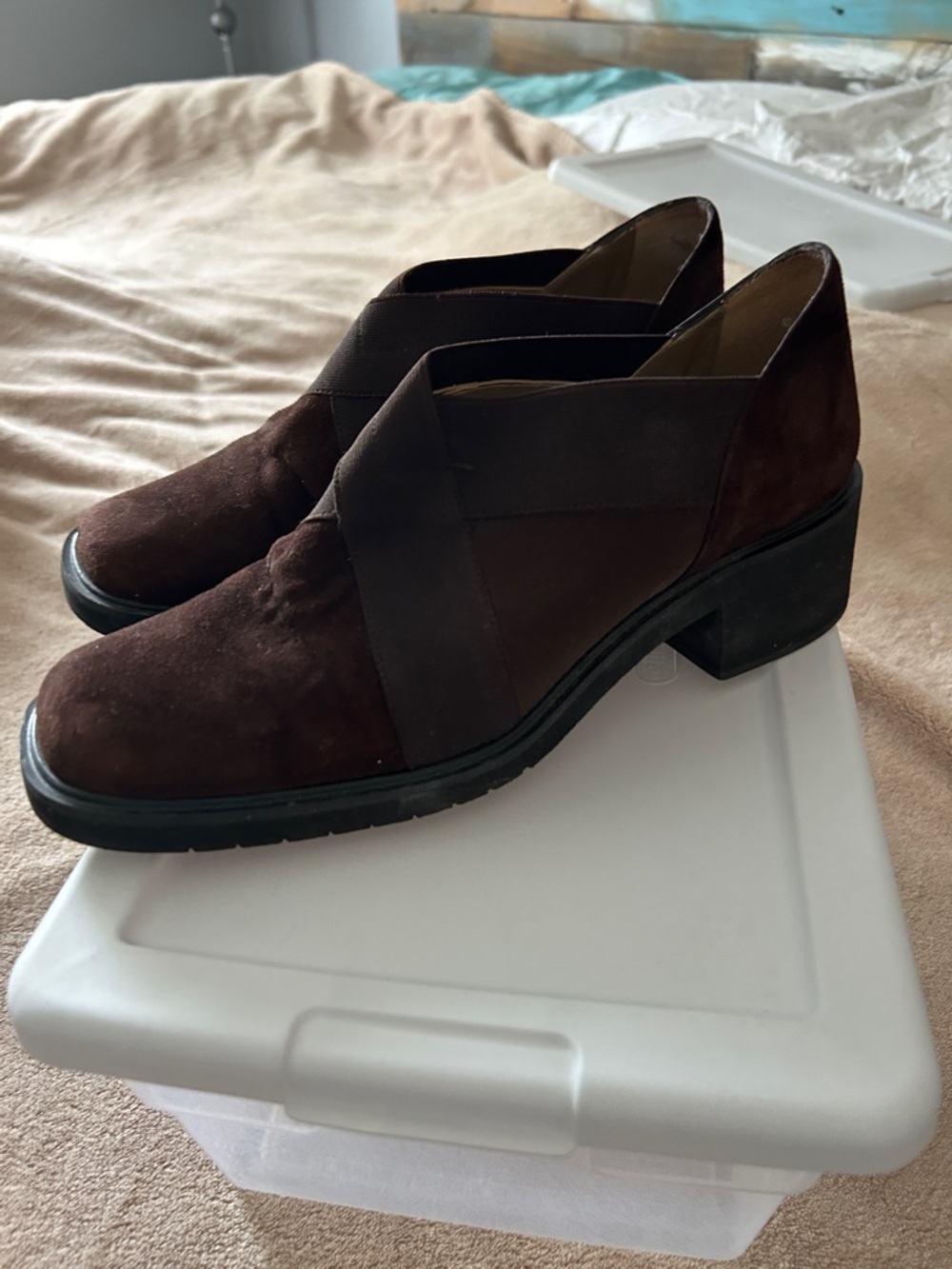 Brown Suede Slip-On Block Heel Loafers. Wonderful condition